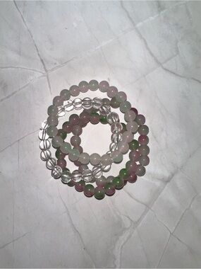 Multicolor Pastel Beaded Stretch Bracelet Set  of 4 - Pink & Green